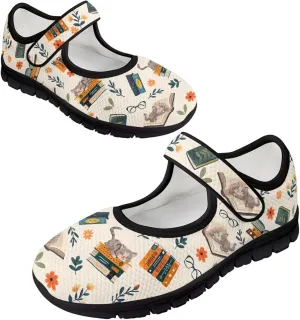 Book Love Print Mary Jane Shoes Women Wide Width,Lightweight Memory Foam Walking Flat Shoes Breathable Ballet Flat Shoes