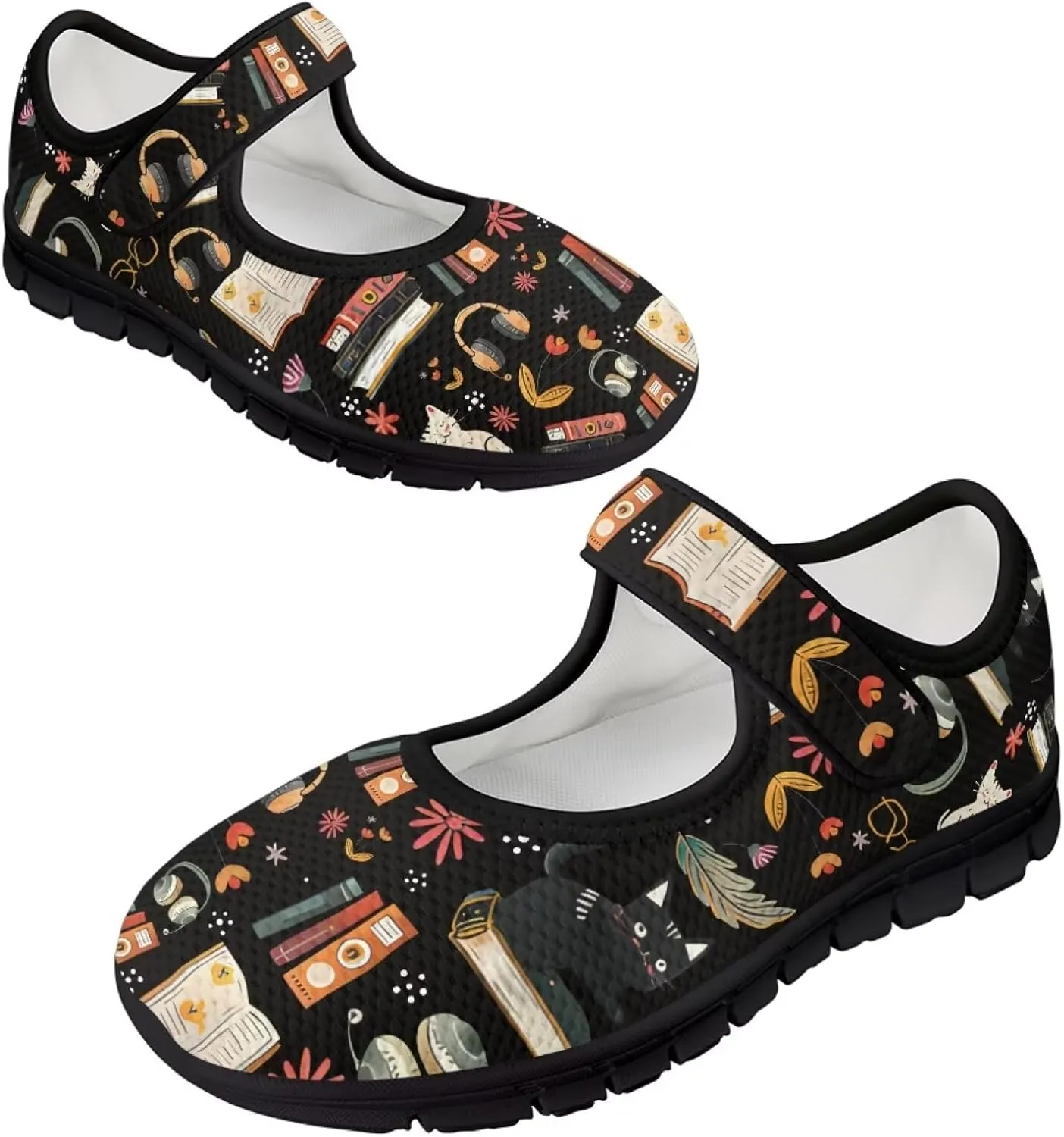 Book Love Print Mary Jane Shoes Women Wide Width,Lightweight Memory Foam Walking Flat Shoes Breathable Ballet Flat Shoes