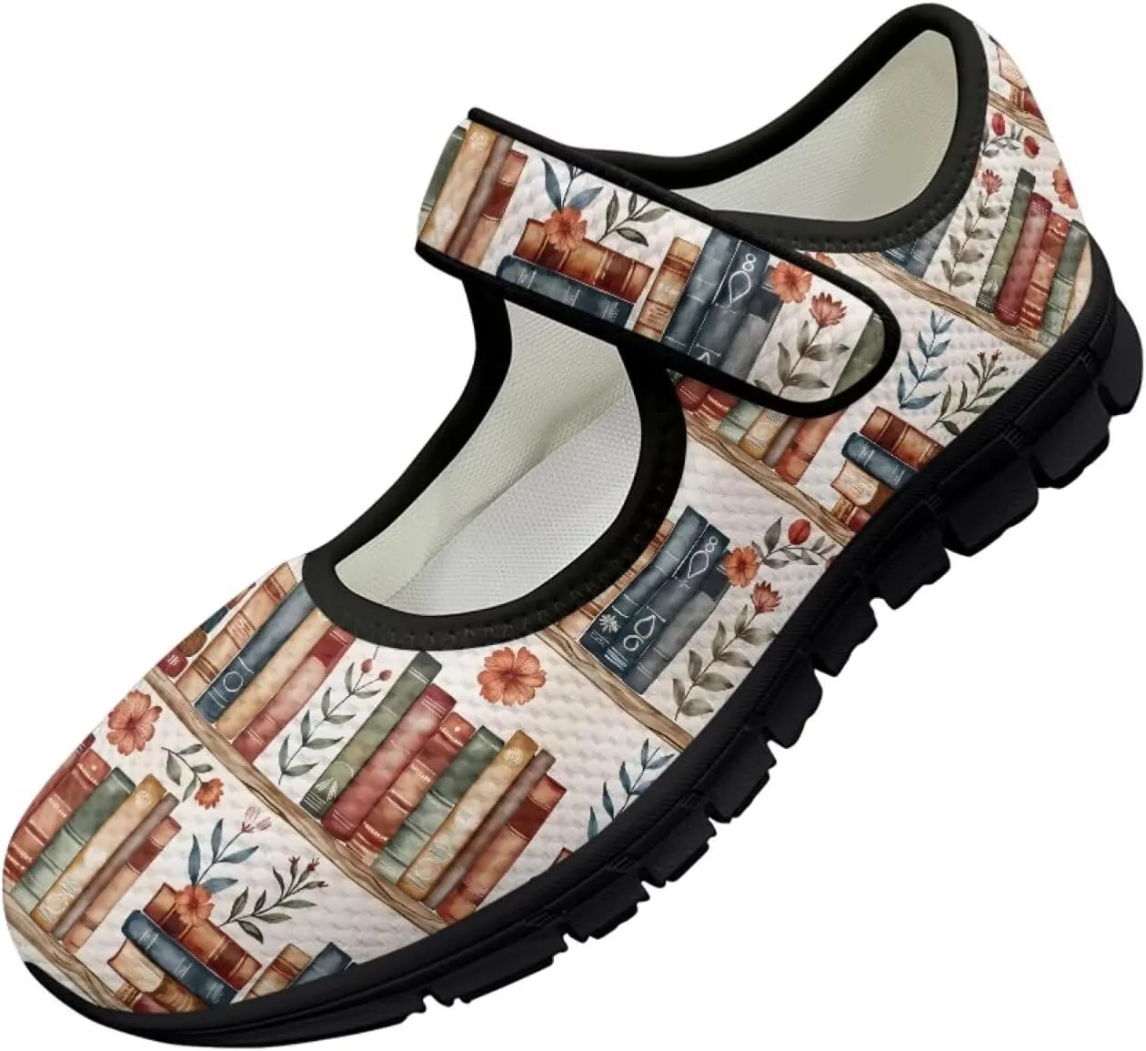 Book Love Print Mary Jane Shoes Women Wide Width,Lightweight Memory Foam Walking Flat Shoes Breathable Ballet Flat Shoes
