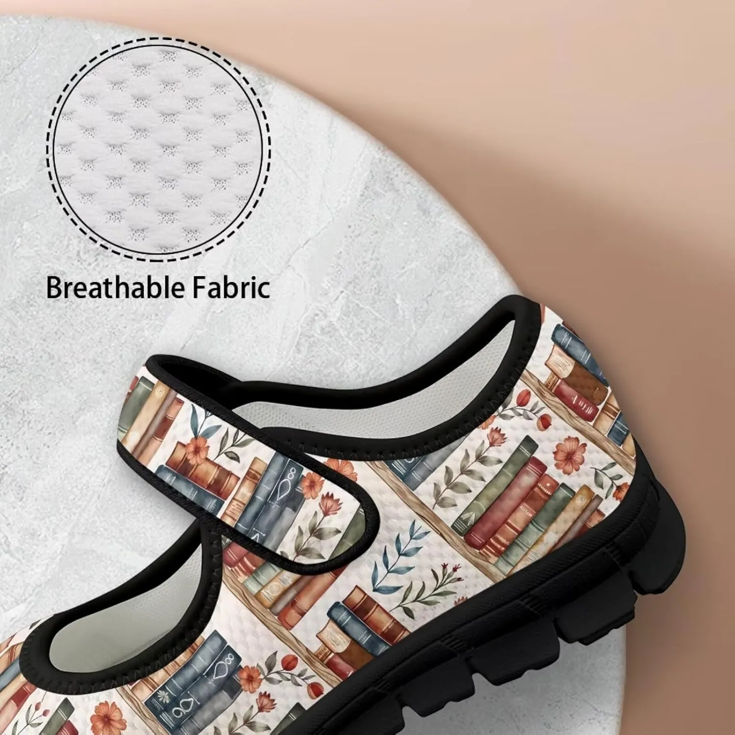 Book Love Print Mary Jane Shoes Women Wide Width,Lightweight Memory Foam Walking Flat Shoes Breathable Ballet Flat Shoes
