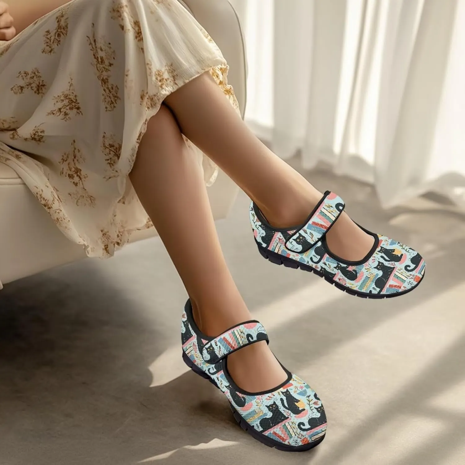 Book Love Print Mary Jane Shoes Women Wide Width,Lightweight Memory Foam Walking Flat Shoes Breathable Ballet Flat Shoes