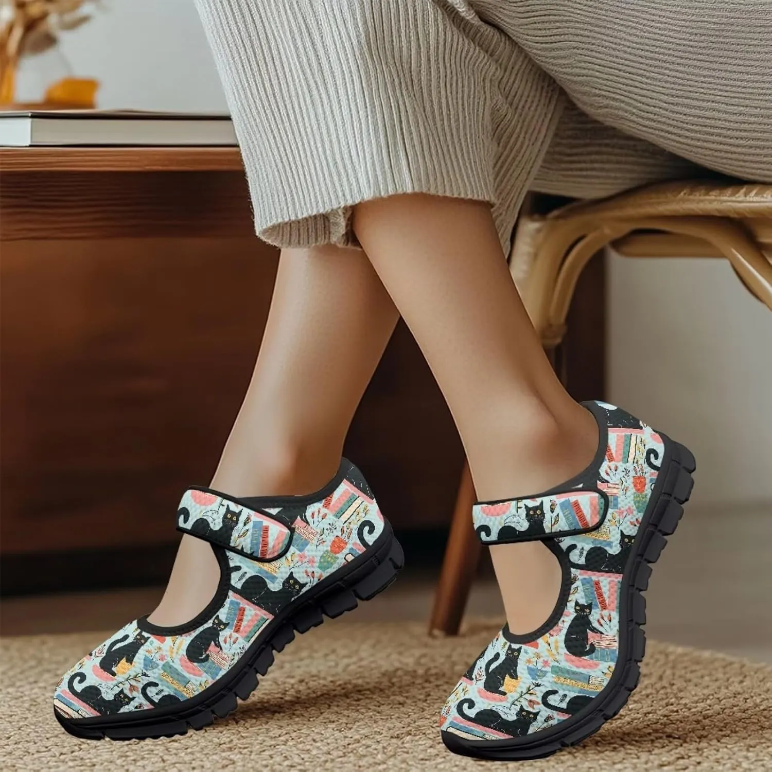 Book Love Print Mary Jane Shoes Women Wide Width,Lightweight Memory Foam Walking Flat Shoes Breathable Ballet Flat Shoes