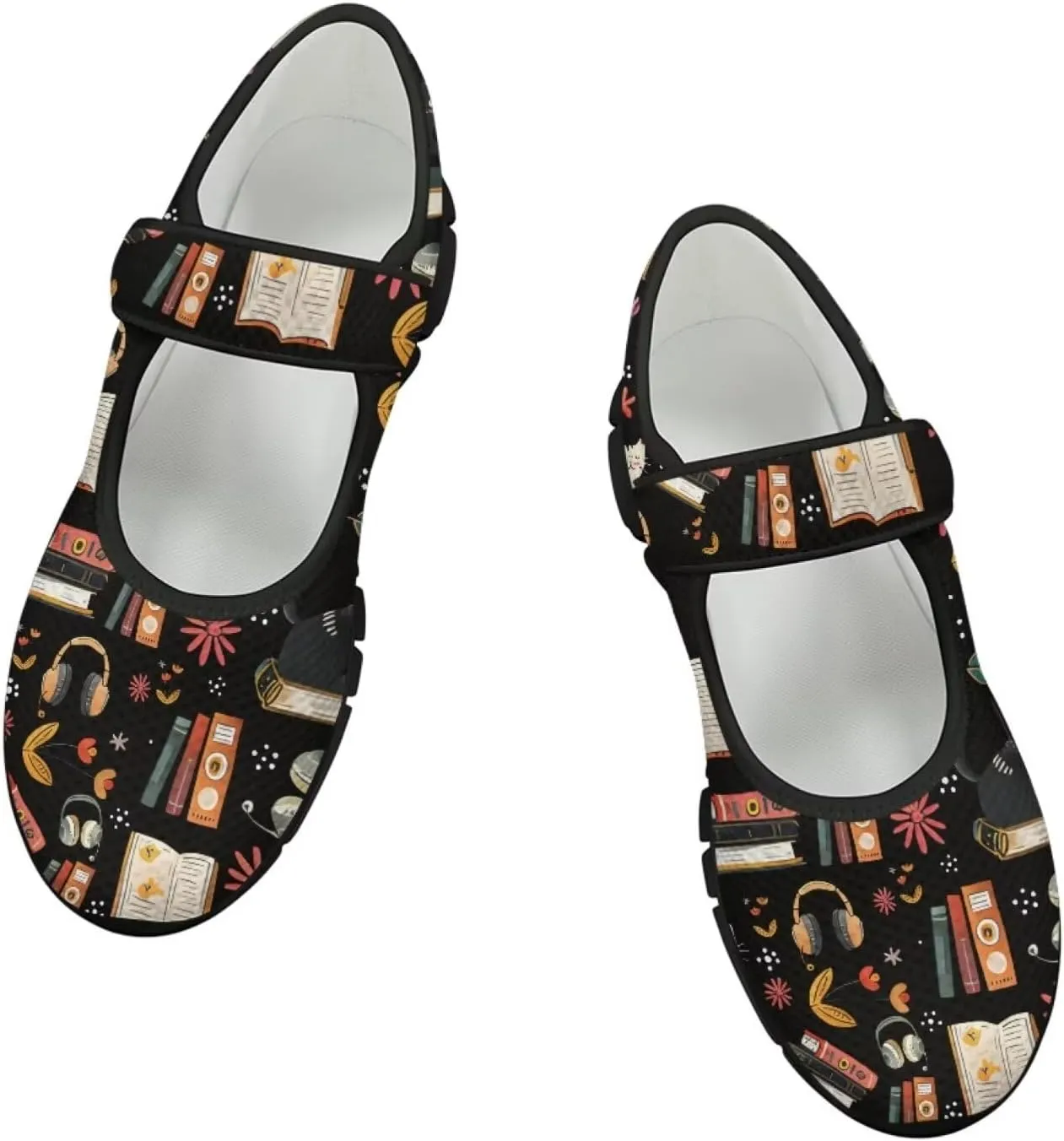 Book Love Print Mary Jane Shoes Women Wide Width,Lightweight Memory Foam Walking Flat Shoes Breathable Ballet Flat Shoes