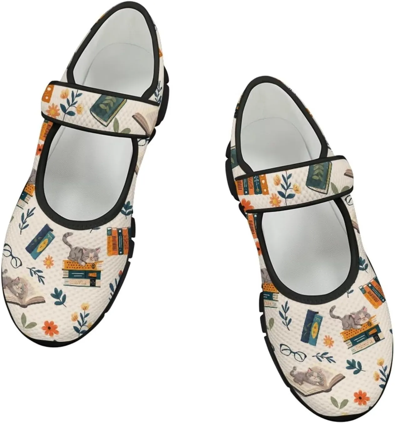 Book Love Print Mary Jane Shoes Women Wide Width,Lightweight Memory Foam Walking Flat Shoes Breathable Ballet Flat Shoes