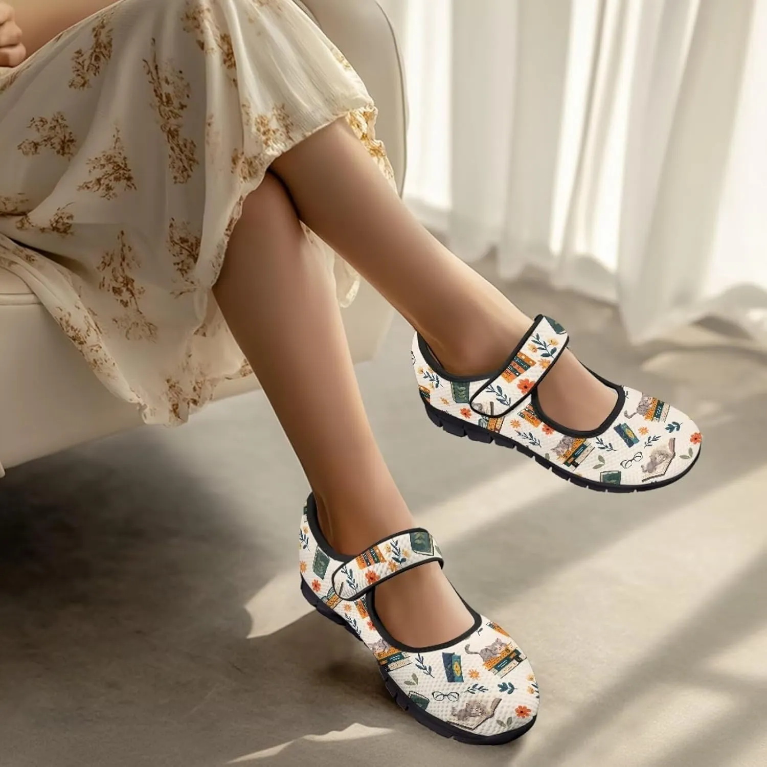 Book Love Print Mary Jane Shoes Women Wide Width,Lightweight Memory Foam Walking Flat Shoes Breathable Ballet Flat Shoes