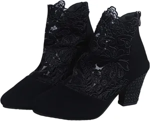 Booties for Women Closed Toe Low Block Heel Dressy Summer Ankle Boots with Back Zipper Ladies Fashion Sexy Mesh Lace Chunky High Heel Sandals Pumps Shoes for Wedding Banquet Party