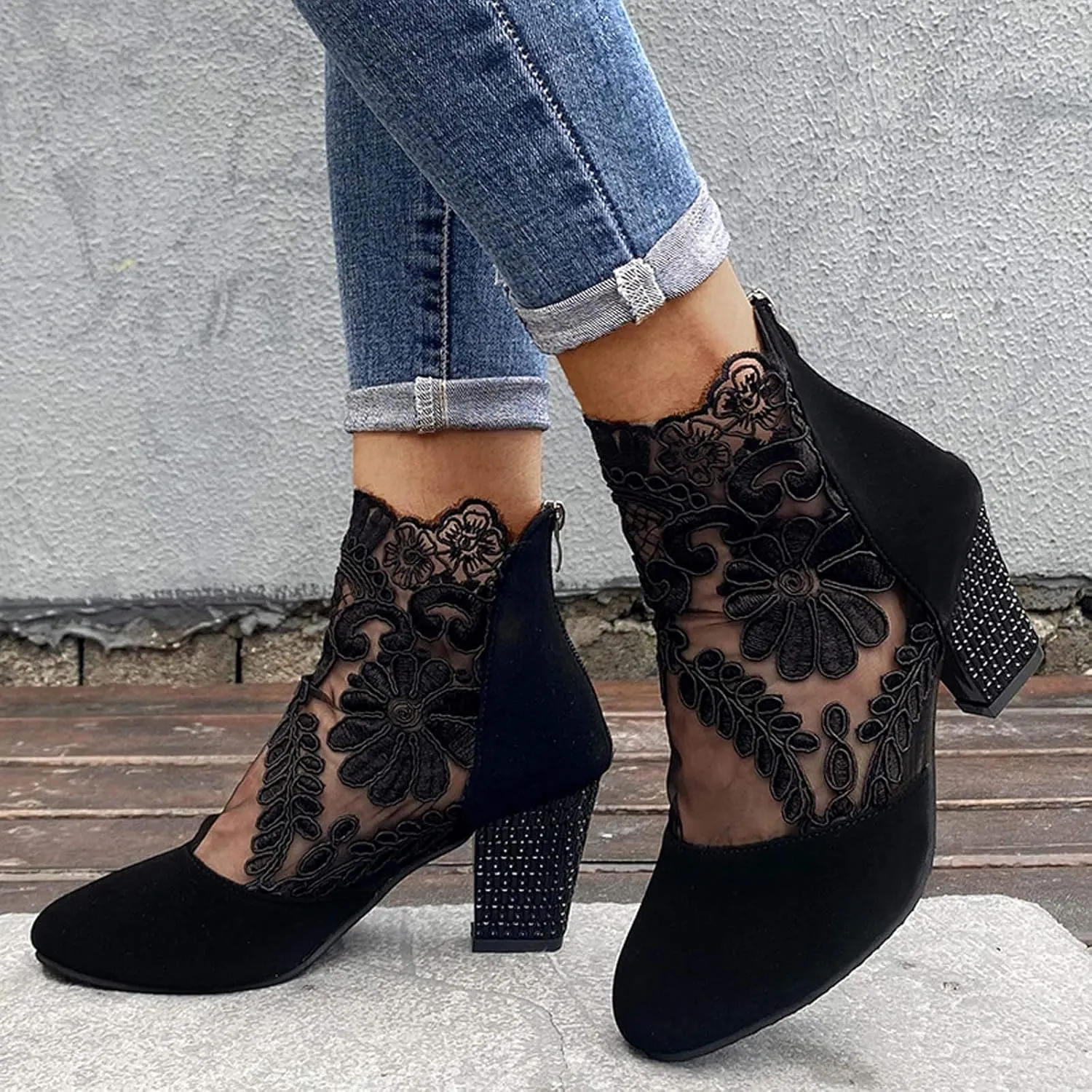 Booties for Women Closed Toe Low Block Heel Dressy Summer Ankle Boots with Back Zipper Ladies Fashion Sexy Mesh Lace Chunky High Heel Sandals Pumps Shoes for Wedding Banquet Party