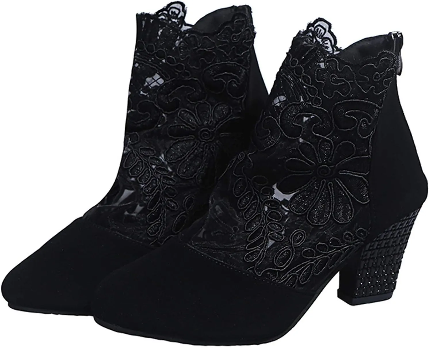 Booties for Women Closed Toe Low Block Heel Dressy Summer Ankle Boots with Back Zipper Ladies Fashion Sexy Mesh Lace Chunky High Heel Sandals Pumps Shoes for Wedding Banquet Party