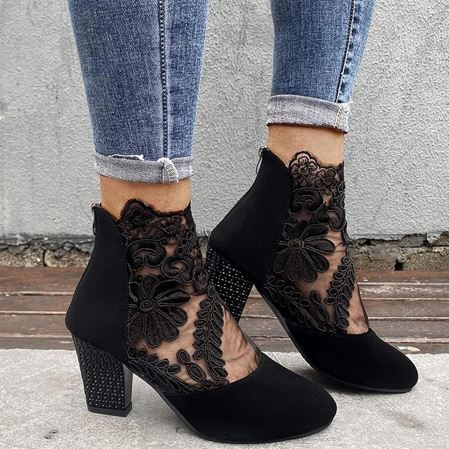 Booties for Women Closed Toe Low Block Heel Dressy Summer Ankle Boots with Back Zipper Ladies Fashion Sexy Mesh Lace Chunky High Heel Sandals Pumps Shoes for Wedding Banquet Party
