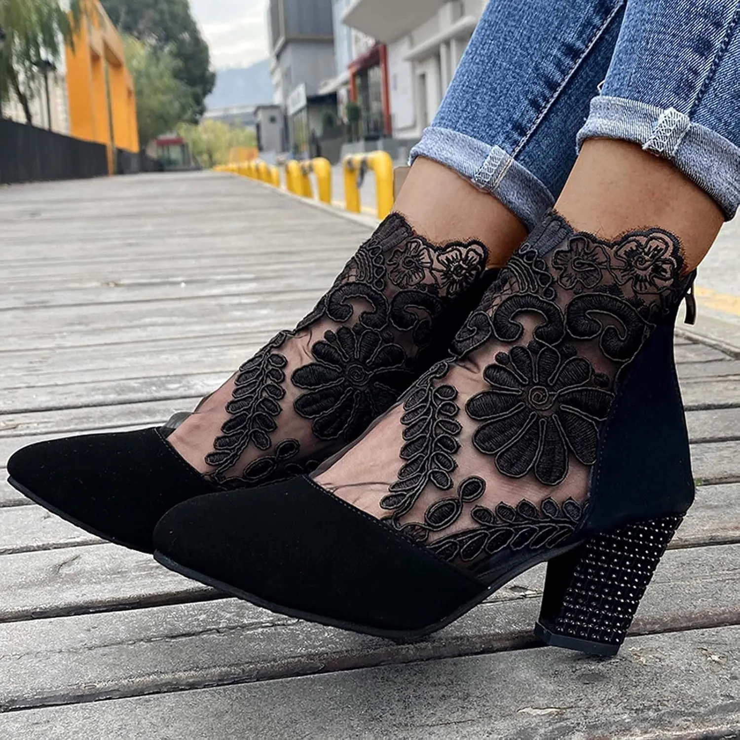 Booties for Women Closed Toe Low Block Heel Dressy Summer Ankle Boots with Back Zipper Ladies Fashion Sexy Mesh Lace Chunky High Heel Sandals Pumps Shoes for Wedding Banquet Party