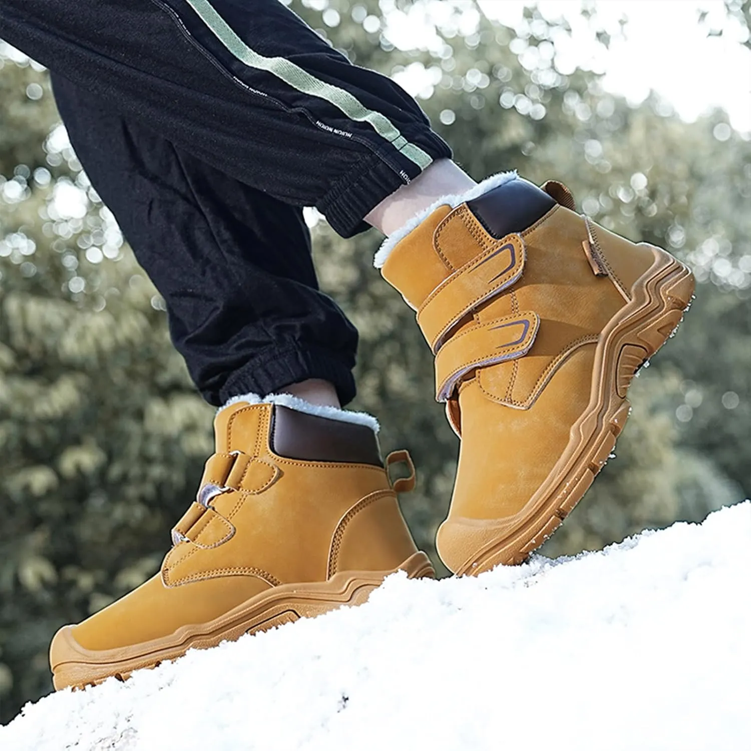 Boys Girls Winter Warm Outdoor Hiking Boots Comfortable Fur Lined Anti-Collision Water-Resistant Non-Slip Walking Snow Boots with Hook and Loop