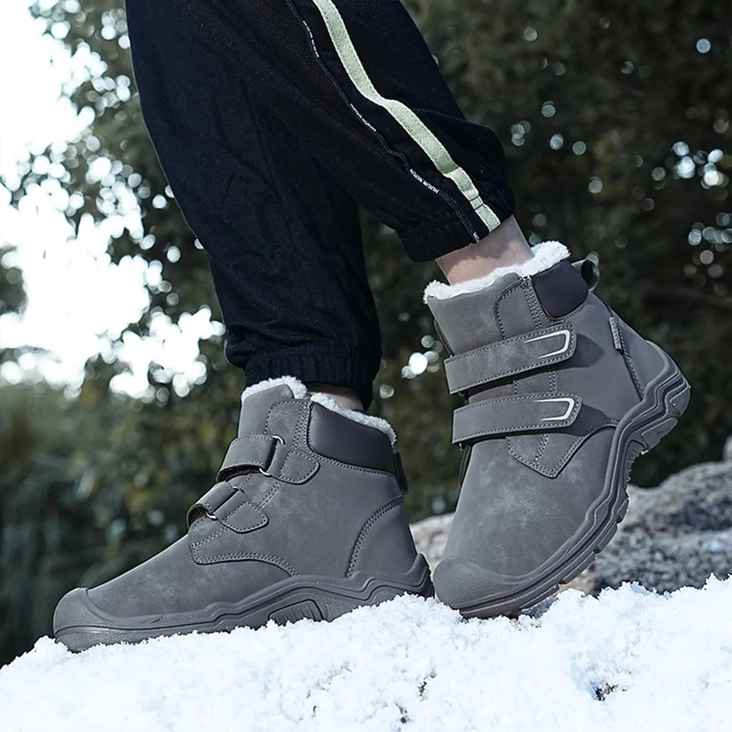 Boys Girls Winter Warm Outdoor Hiking Boots Comfortable Fur Lined Anti-Collision Water-Resistant Non-Slip Walking Snow Boots with Hook and Loop