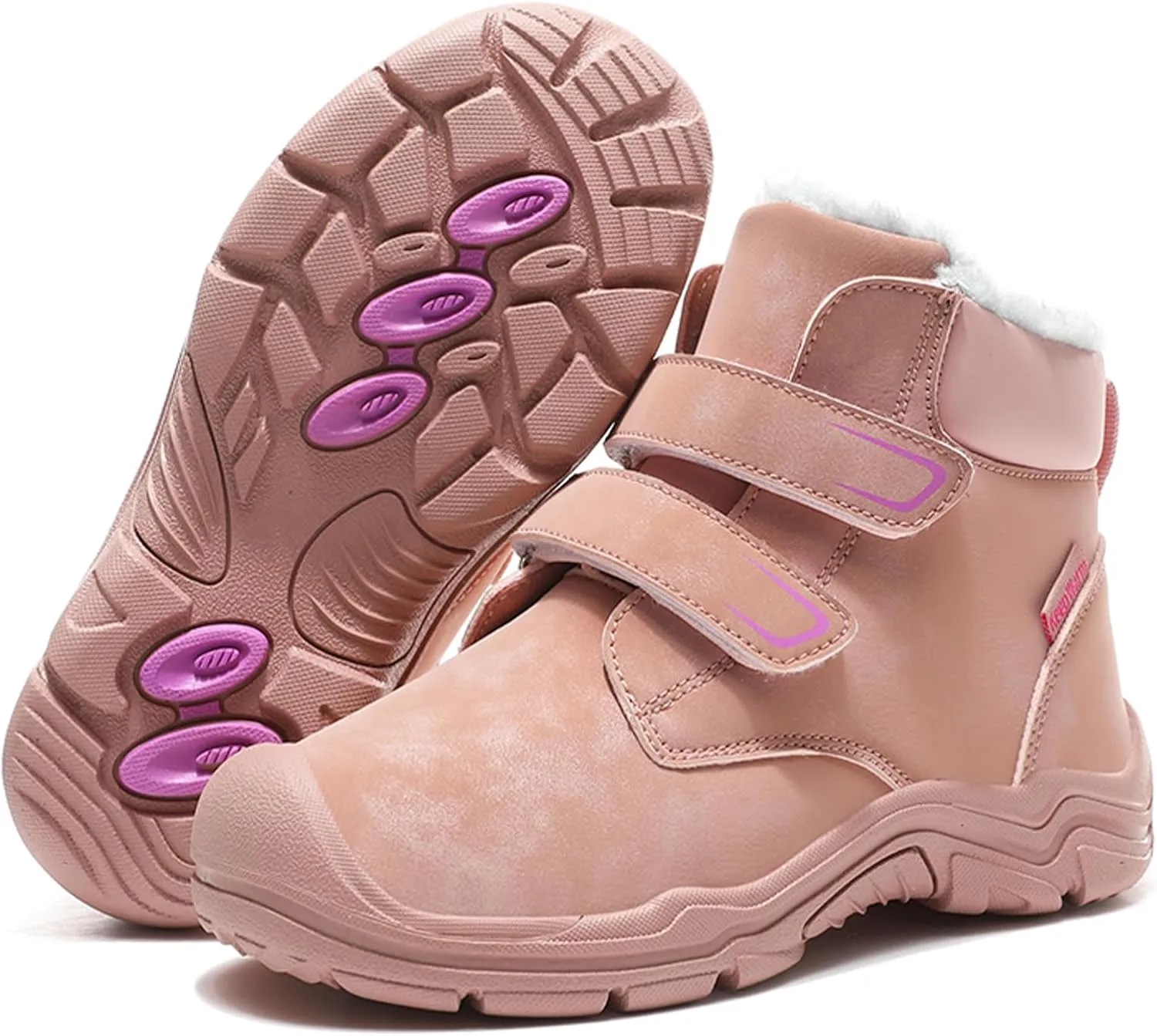 Boys Girls Winter Warm Outdoor Hiking Boots Comfortable Fur Lined Anti-Collision Water-Resistant Non-Slip Walking Snow Boots with Hook and Loop