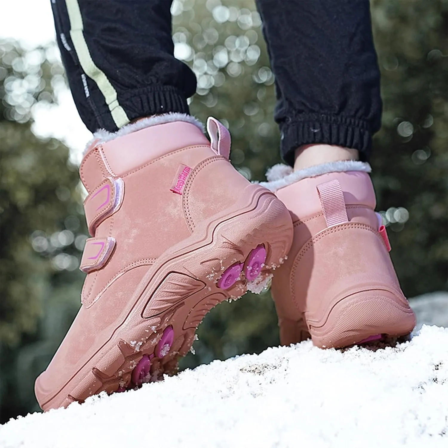Boys Girls Winter Warm Outdoor Hiking Boots Comfortable Fur Lined Anti-Collision Water-Resistant Non-Slip Walking Snow Boots with Hook and Loop