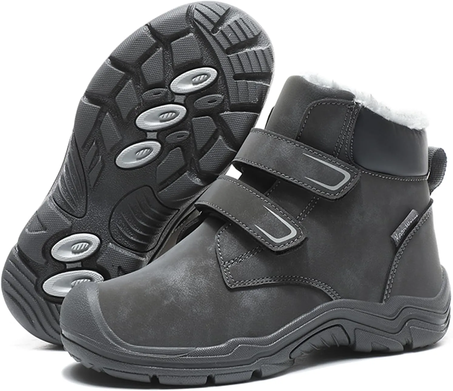 Boys Girls Winter Warm Outdoor Hiking Boots Comfortable Fur Lined Anti-Collision Water-Resistant Non-Slip Walking Snow Boots with Hook and Loop