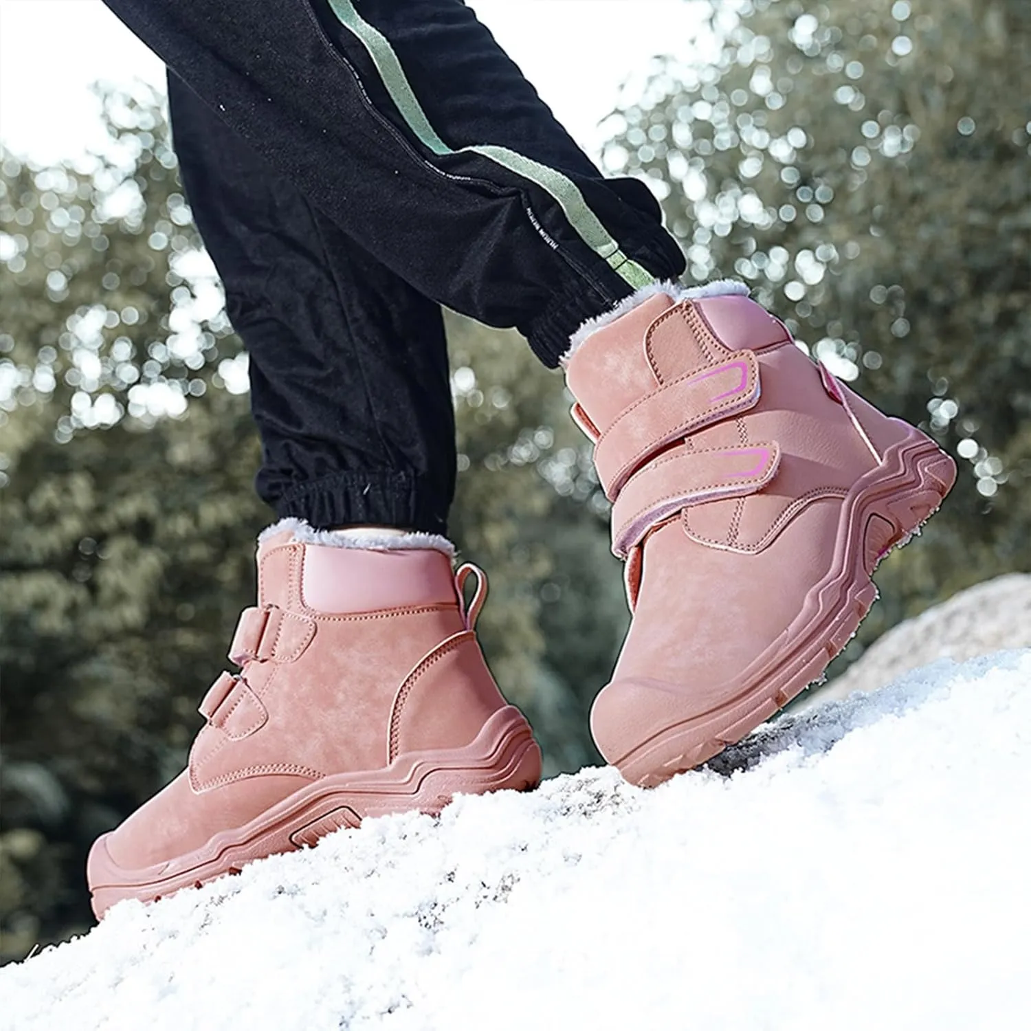 Boys Girls Winter Warm Outdoor Hiking Boots Comfortable Fur Lined Anti-Collision Water-Resistant Non-Slip Walking Snow Boots with Hook and Loop
