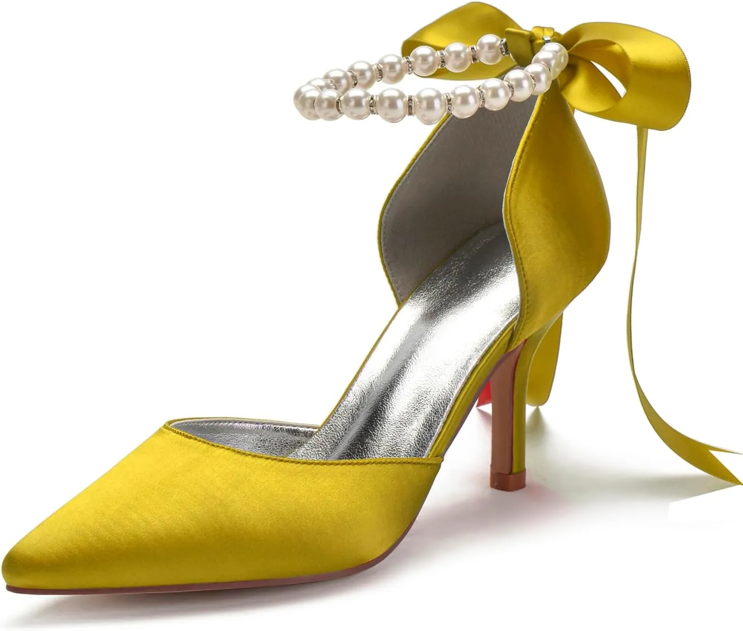 Bridal Pointed Toe 8CM Sandal High Heels Closed Toe Stiletto Women's Satin Wedding Shoes Beaded Bowknot Strap Pump Elegant Formal,Yellow,7
