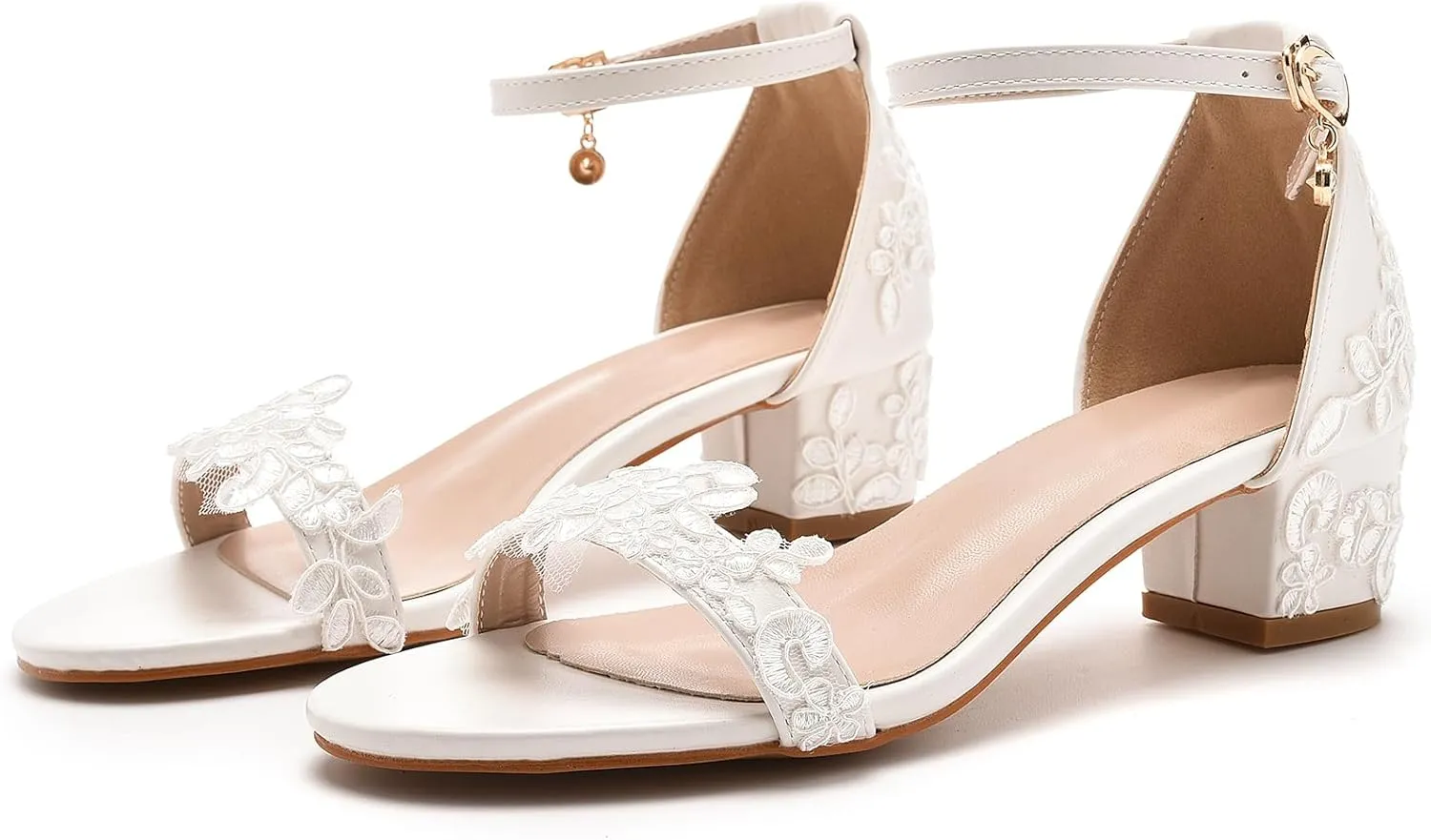 Bridal Shoes Low Heel Women's Leather Peep Toe Sandals 1.8 Inch Short White Heels Wedding Party Evening Casual Low Heels for Women Applique Bridal Sandals for Wedding