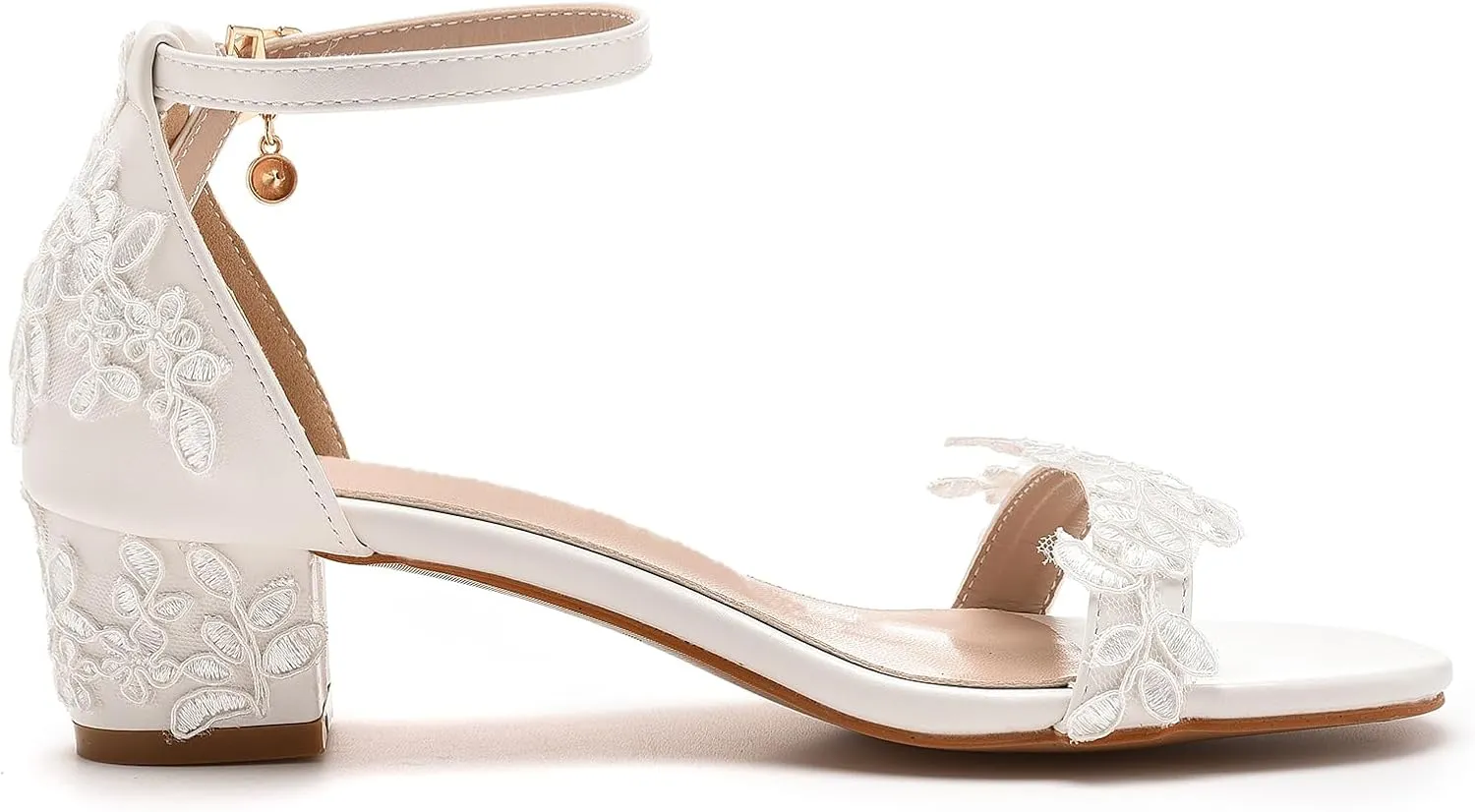 Bridal Shoes Low Heel Women's Leather Peep Toe Sandals 1.8 Inch Short White Heels Wedding Party Evening Casual Low Heels for Women Applique Bridal Sandals for Wedding