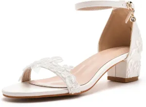 Bridal Shoes Low Heel Women's Leather Peep Toe Sandals 1.8 Inch Short White Heels Wedding Party Evening Casual Low Heels for Women Applique Bridal Sandals for Wedding