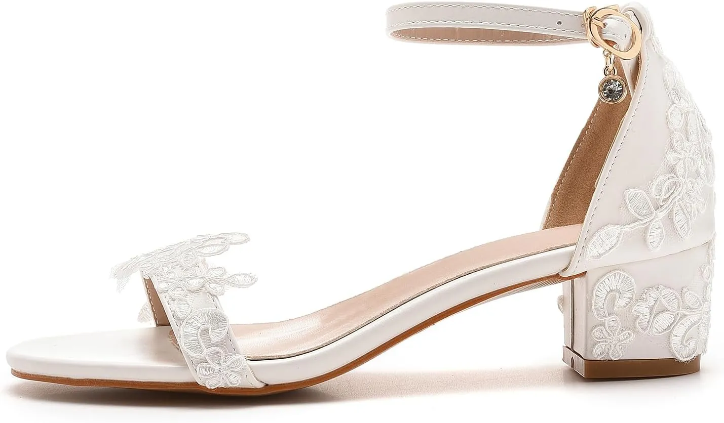 Bridal Shoes Low Heel Women's Leather Peep Toe Sandals 1.8 Inch Short White Heels Wedding Party Evening Casual Low Heels for Women Applique Bridal Sandals for Wedding