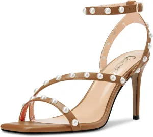 Castamere Women Mid Heel Open Toe Ankle Strap Sandals Pearls Cross-Strap Wedding Dress 3.2 Inches Heels