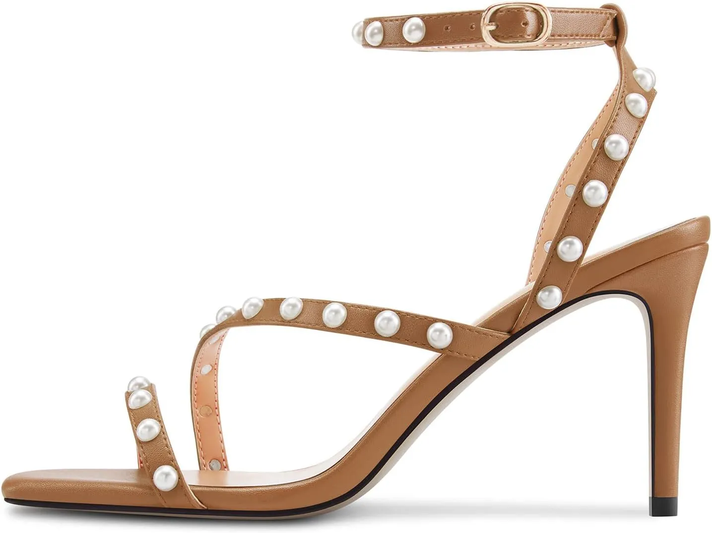 Castamere Women Mid Heel Open Toe Ankle Strap Sandals Pearls Cross-Strap Wedding Dress 3.2 Inches Heels