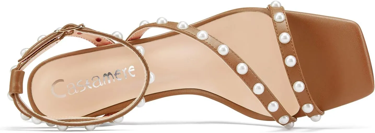Castamere Women Mid Heel Open Toe Ankle Strap Sandals Pearls Cross-Strap Wedding Dress 3.2 Inches Heels