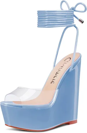 Castamere Womens High Wedge Platform Heel Peep Open Toe Ankle Strap Sandals Lace Wedding Clear Dress Shoes 5.9 Inches Heels
