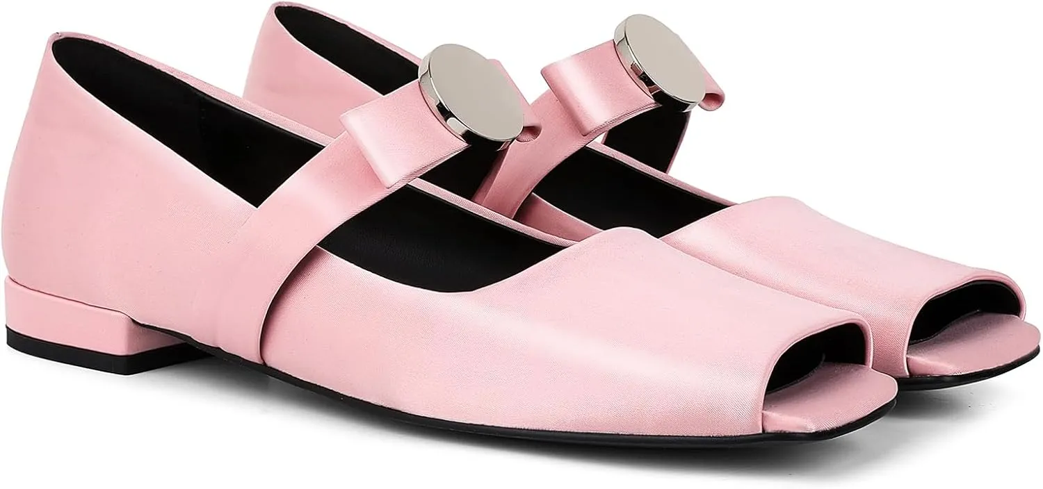 Celbreez Ballet Flats Shoes for Women Open Square Toe Mary Jane Flat Patent Leather Chunky Round Block Heel Pumps Slip On Ballerina Shoes