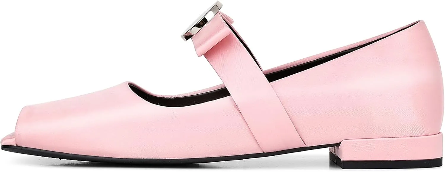 Celbreez Ballet Flats Shoes for Women Open Square Toe Mary Jane Flat Patent Leather Chunky Round Block Heel Pumps Slip On Ballerina Shoes