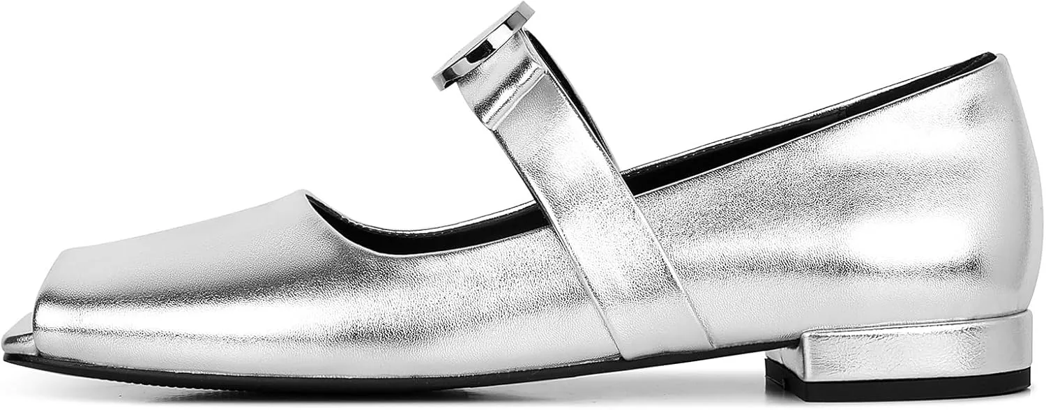Celbreez Ballet Flats Shoes for Women Open Square Toe Mary Jane Flat Patent Leather Chunky Round Block Heel Pumps Slip On Ballerina Shoes