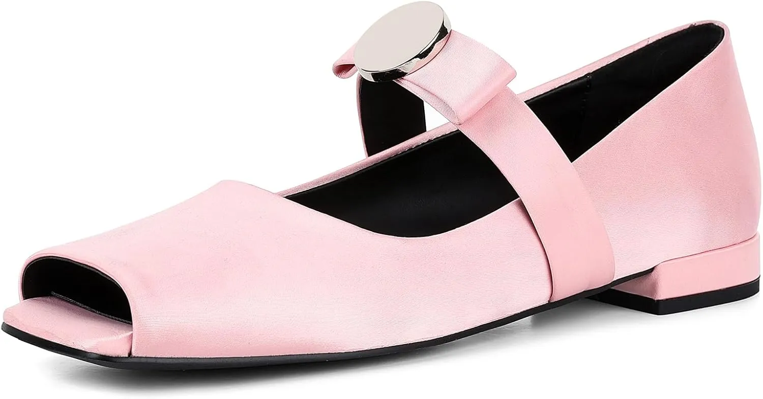Celbreez Ballet Flats Shoes for Women Open Square Toe Mary Jane Flat Patent Leather Chunky Round Block Heel Pumps Slip On Ballerina Shoes