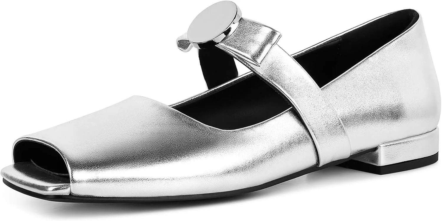 Celbreez Ballet Flats Shoes for Women Open Square Toe Mary Jane Flat Patent Leather Chunky Round Block Heel Pumps Slip On Ballerina Shoes