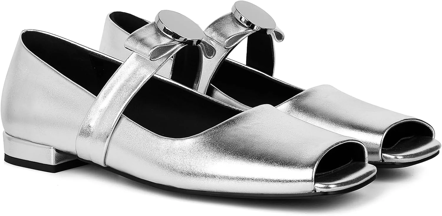 Celbreez Ballet Flats Shoes for Women Open Square Toe Mary Jane Flat Patent Leather Chunky Round Block Heel Pumps Slip On Ballerina Shoes