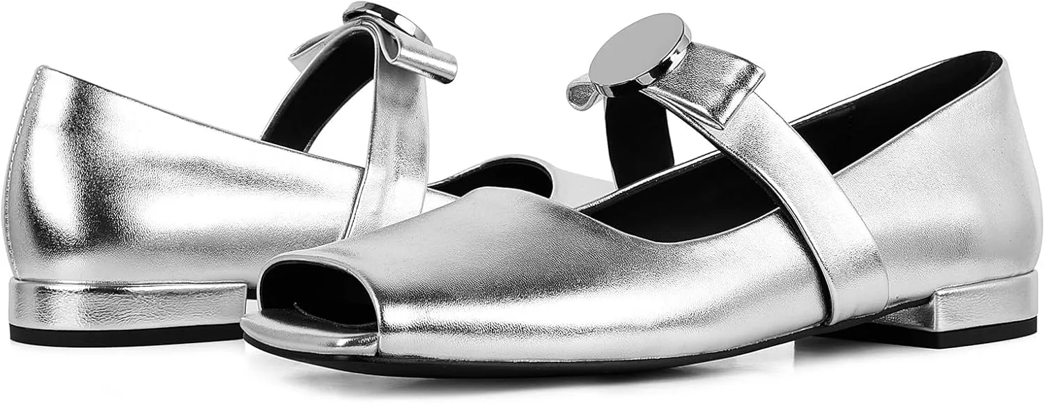 Celbreez Ballet Flats Shoes for Women Open Square Toe Mary Jane Flat Patent Leather Chunky Round Block Heel Pumps Slip On Ballerina Shoes