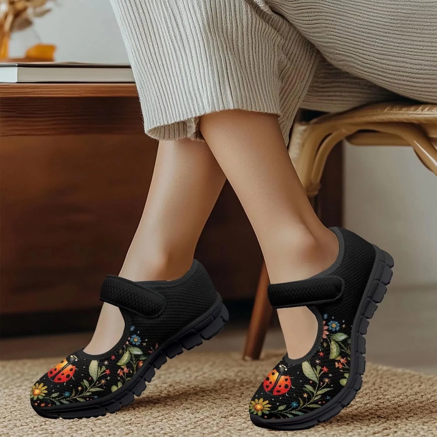 chaqlin Women Flat Shoes Non Slip Sneakers Mary Jane Comfortable Mesh Walking Tennis Shoe Wide Toe Zero Drop Athletic Strap Sneaker