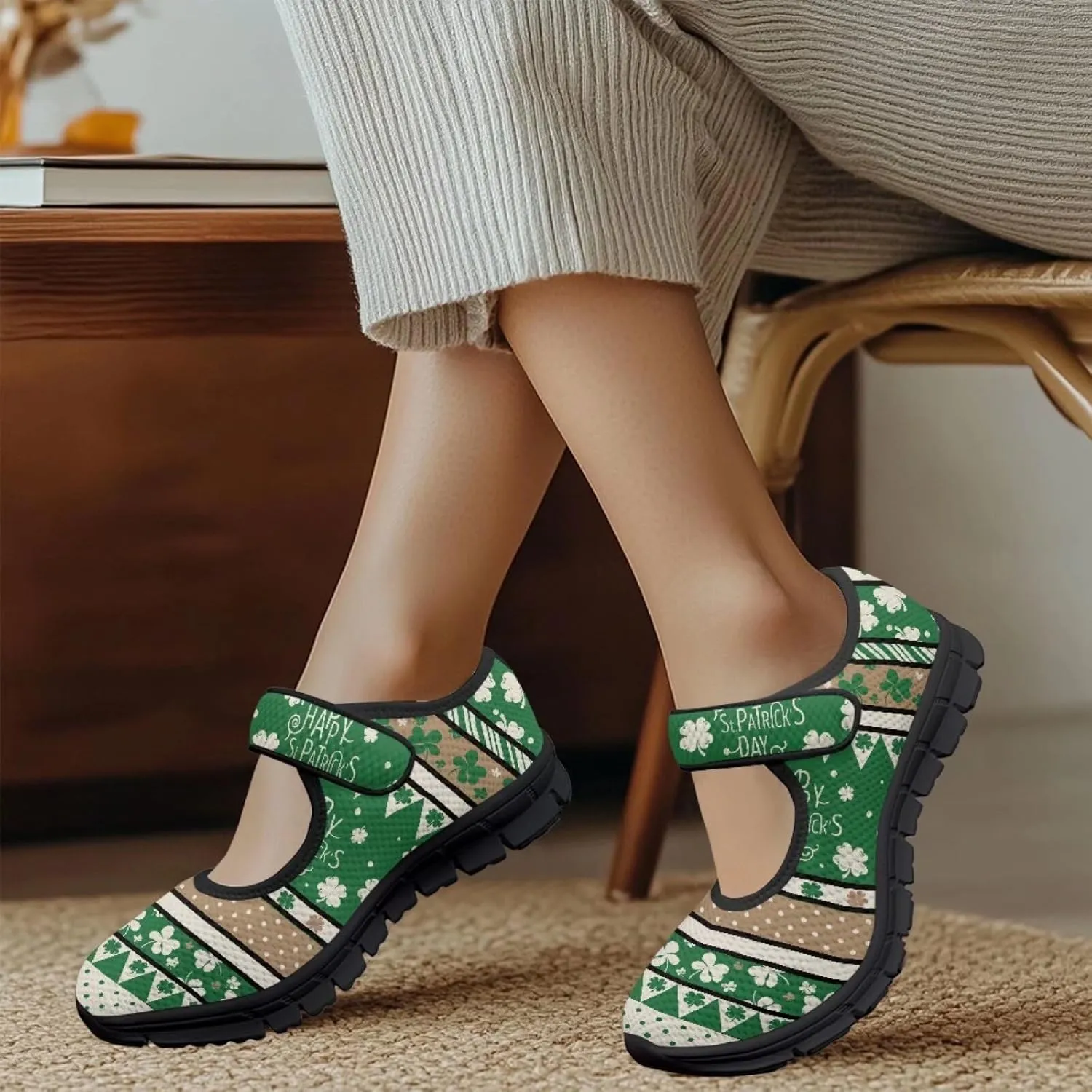 chaqlin Women's Mary Janes Shoes Green Leaves Non Slip Sneakers Breathable Mesh Tennis Shoe Casual Work Comfortable Low Cut Sneaker