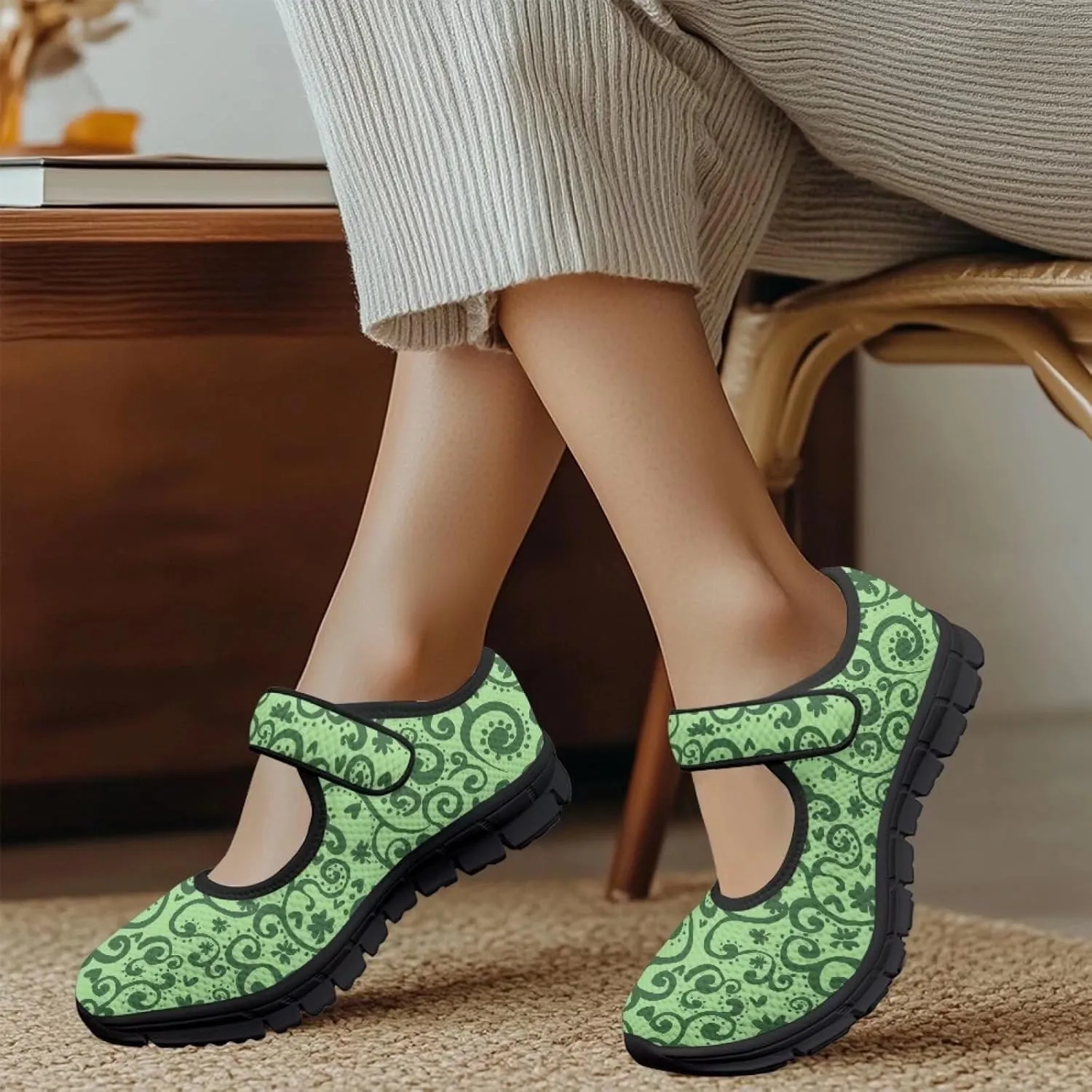chaqlin Women's Mary Janes Shoes Green Leaves Non Slip Sneakers Breathable Mesh Tennis Shoe Casual Work Comfortable Low Cut Sneaker