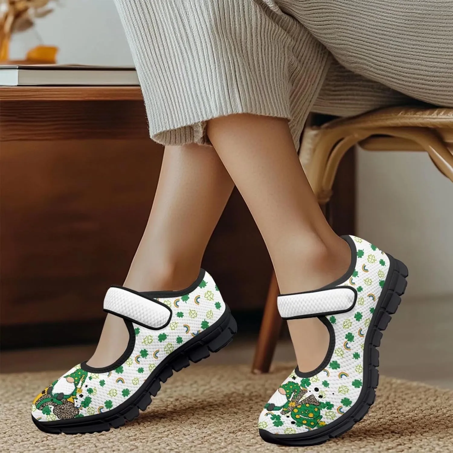 chaqlin Women's Mary Janes Shoes Green Leaves Non Slip Sneakers Breathable Mesh Tennis Shoe Casual Work Comfortable Low Cut Sneaker
