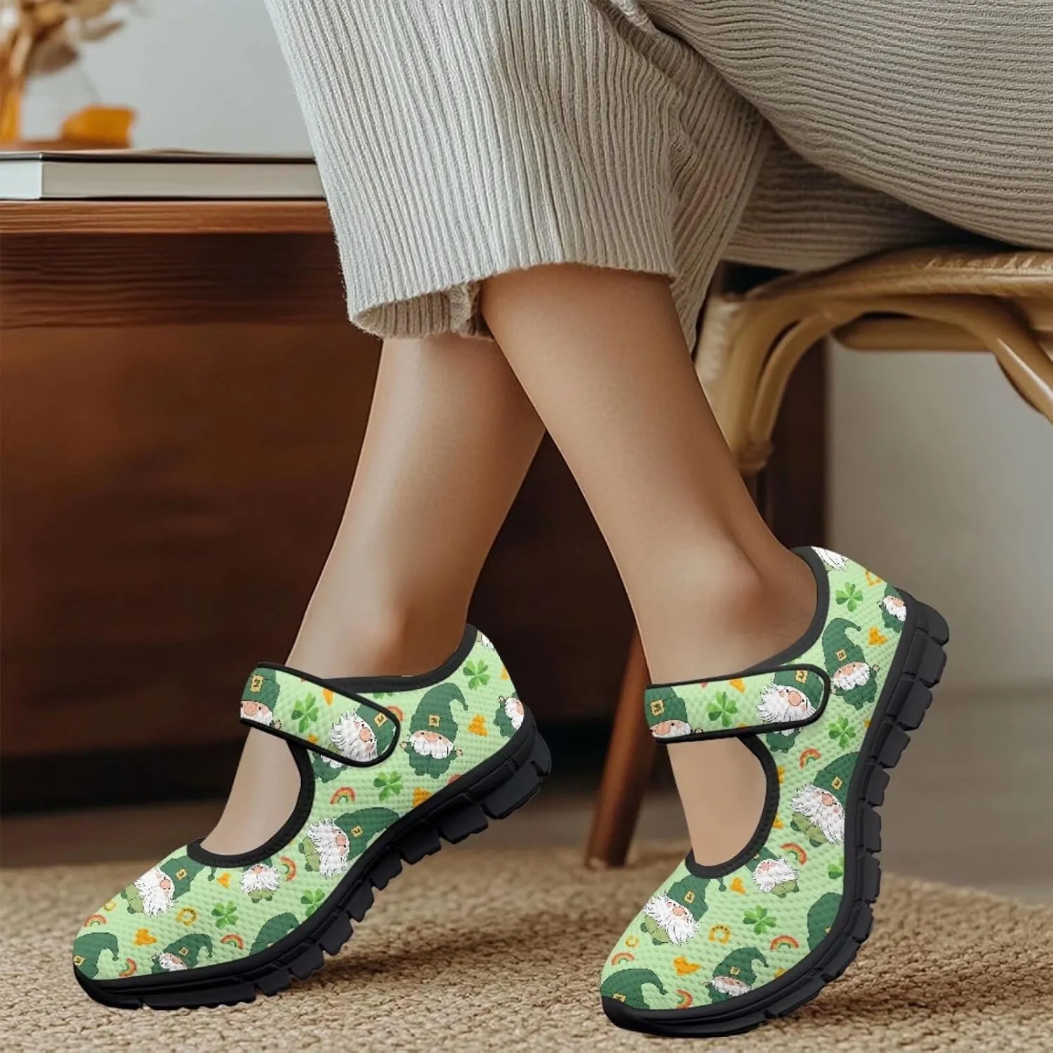chaqlin Women's Mary Janes Shoes Green Leaves Non Slip Sneakers Breathable Mesh Tennis Shoe Casual Work Comfortable Low Cut Sneaker