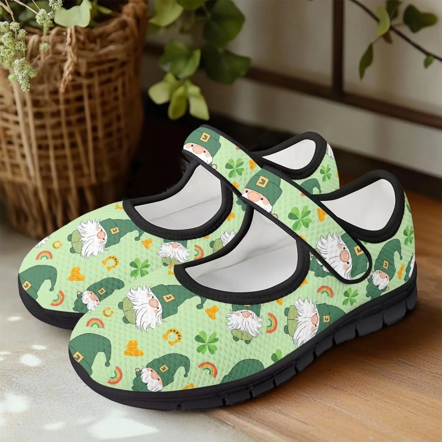 chaqlin Women's Mary Janes Shoes Green Leaves Non Slip Sneakers Breathable Mesh Tennis Shoe Casual Work Comfortable Low Cut Sneaker