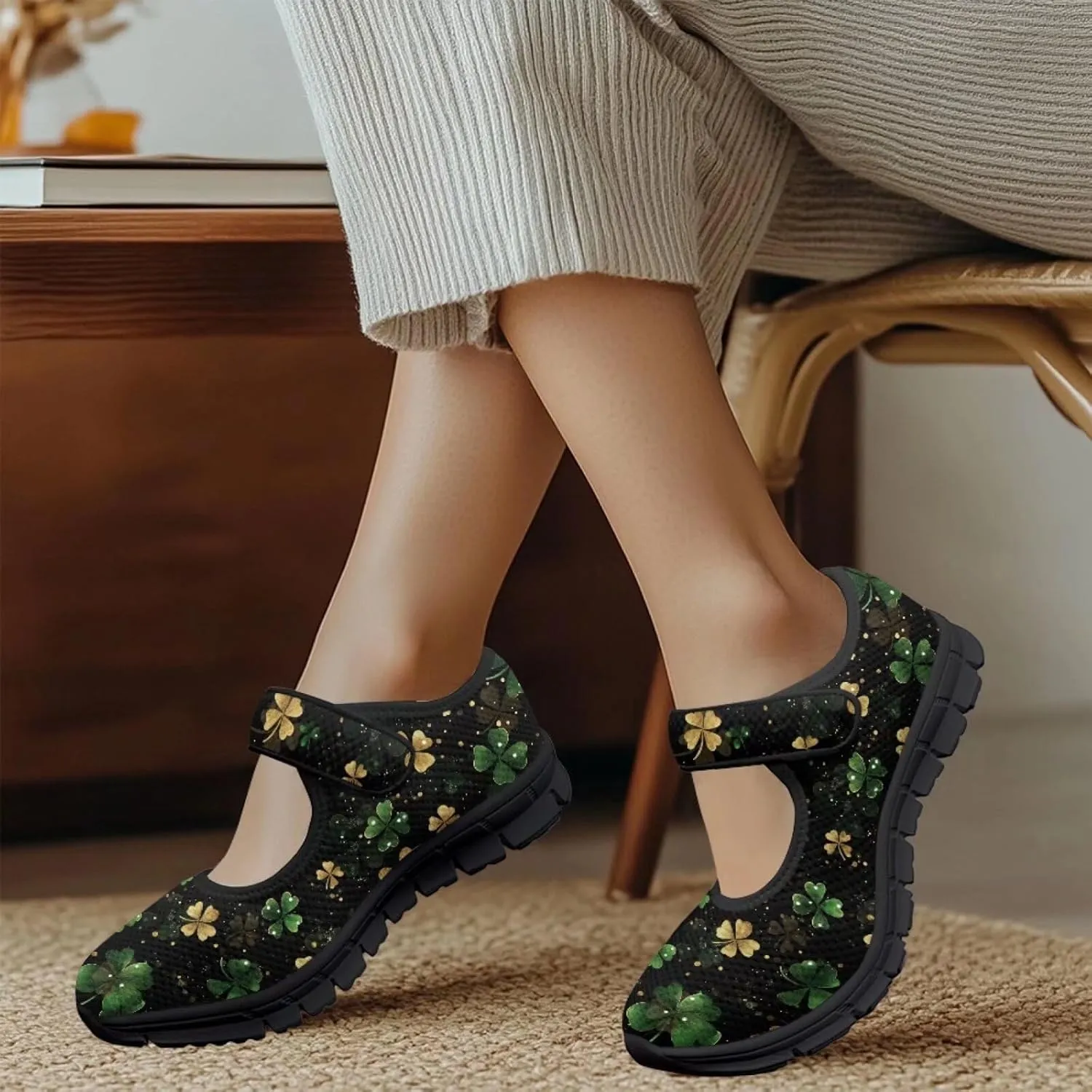 chaqlin Women's Mary Janes Shoes Green Leaves Non Slip Sneakers Breathable Mesh Tennis Shoe Casual Work Comfortable Low Cut Sneaker