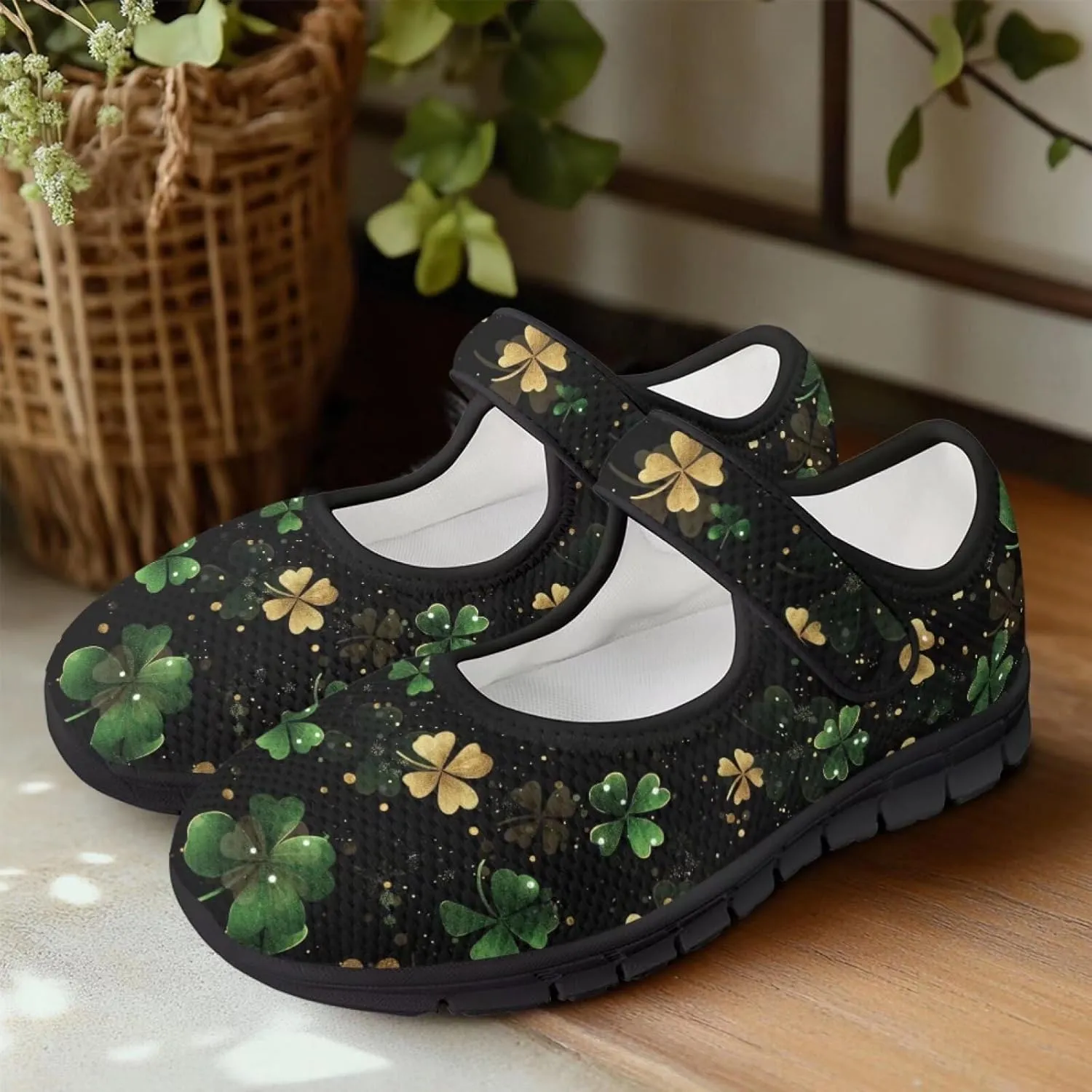 chaqlin Women's Mary Janes Shoes Green Leaves Non Slip Sneakers Breathable Mesh Tennis Shoe Casual Work Comfortable Low Cut Sneaker