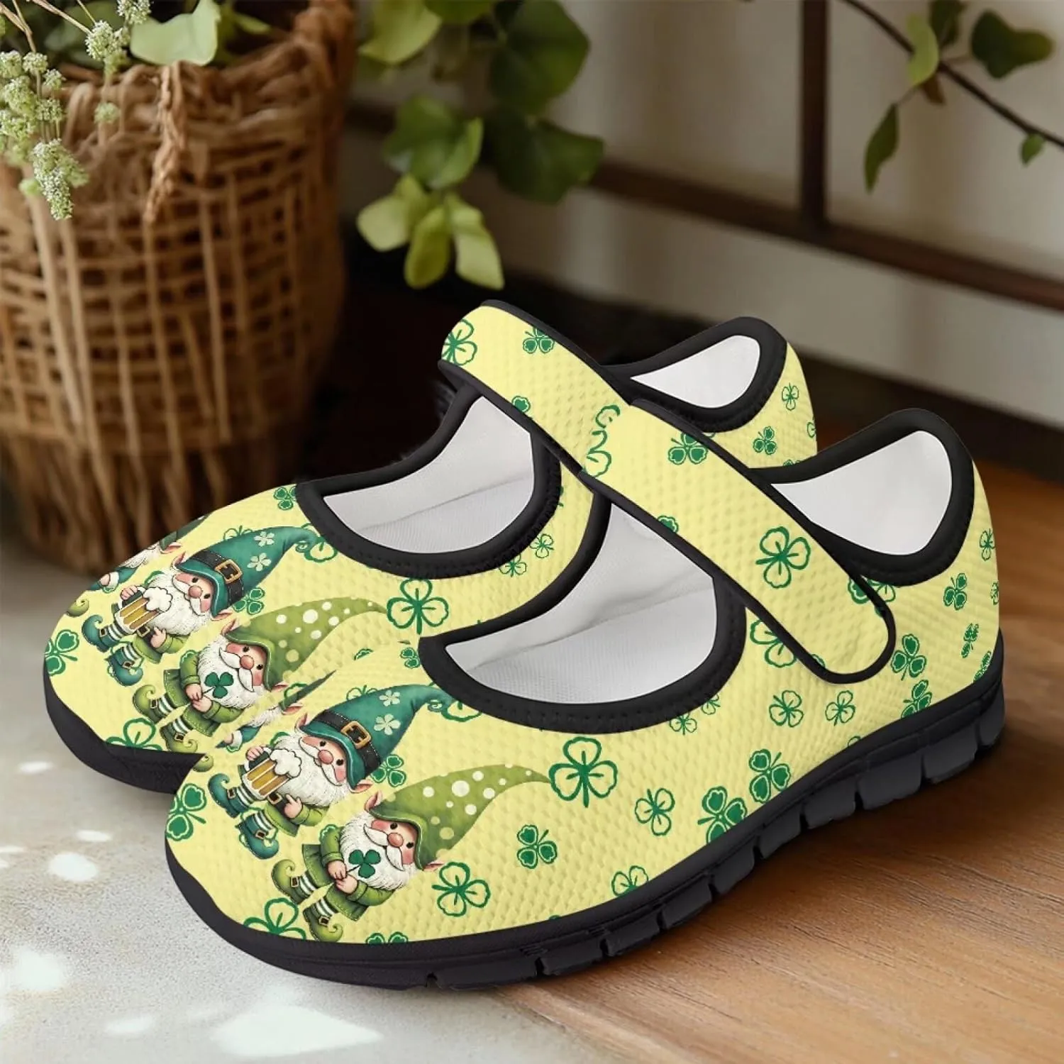 chaqlin Women's Mary Janes Shoes Green Leaves Non Slip Sneakers Breathable Mesh Tennis Shoe Casual Work Comfortable Low Cut Sneaker