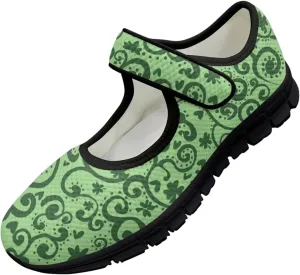 chaqlin Women's Mary Janes Shoes Green Leaves Non Slip Sneakers Breathable Mesh Tennis Shoe Casual Work Comfortable Low Cut Sneaker