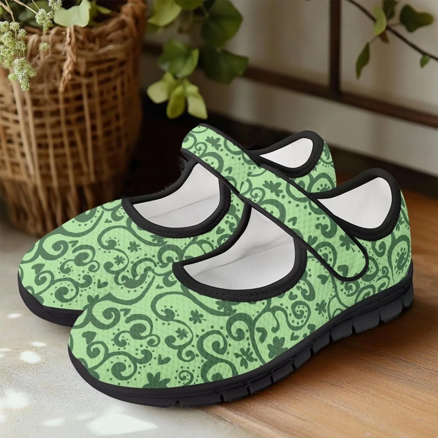 chaqlin Women's Mary Janes Shoes Green Leaves Non Slip Sneakers Breathable Mesh Tennis Shoe Casual Work Comfortable Low Cut Sneaker