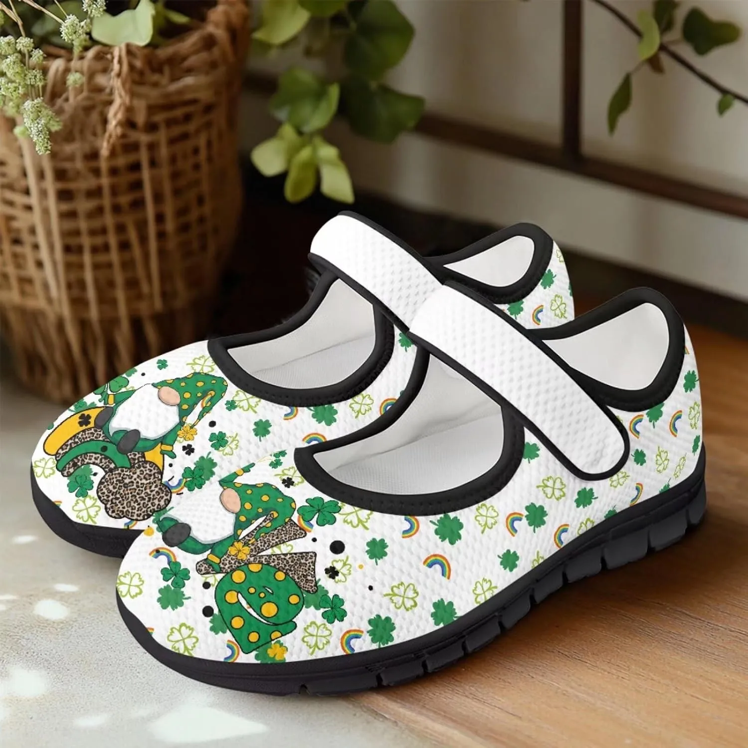 chaqlin Women's Mary Janes Shoes Green Leaves Non Slip Sneakers Breathable Mesh Tennis Shoe Casual Work Comfortable Low Cut Sneaker