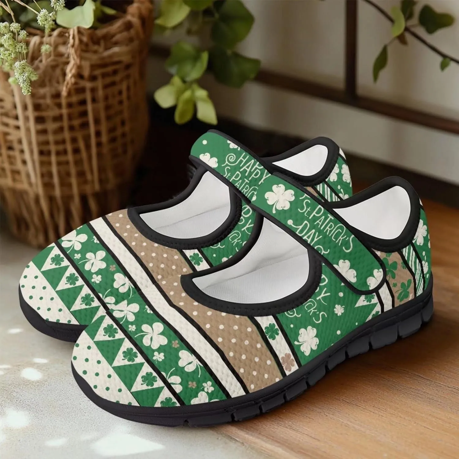 chaqlin Women's Mary Janes Shoes Green Leaves Non Slip Sneakers Breathable Mesh Tennis Shoe Casual Work Comfortable Low Cut Sneaker