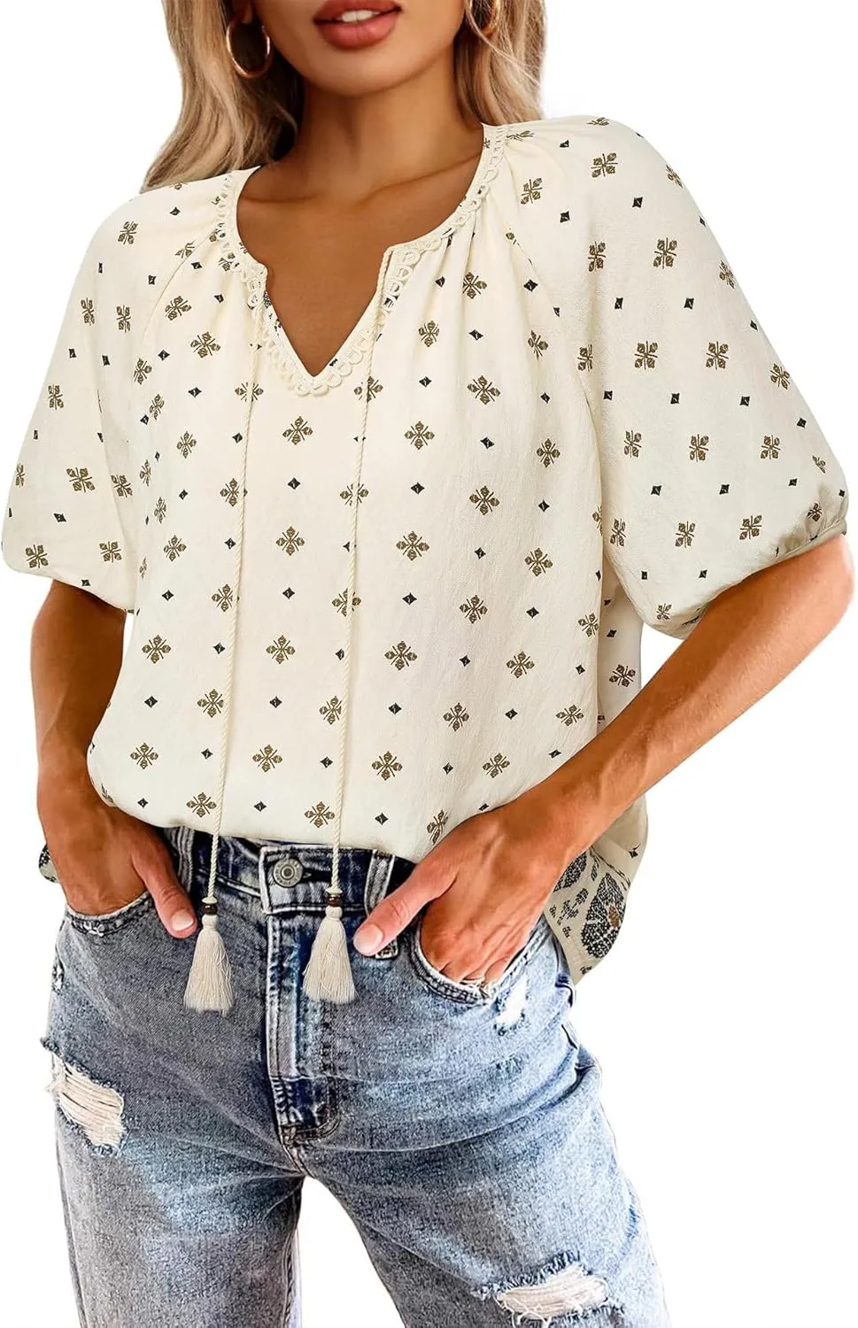 Chvity Womens Summer Boho Tops Flowy Floral Print Shirt Tie Front Vacation Clothes Casual V Neck Short Sleeve Blouses